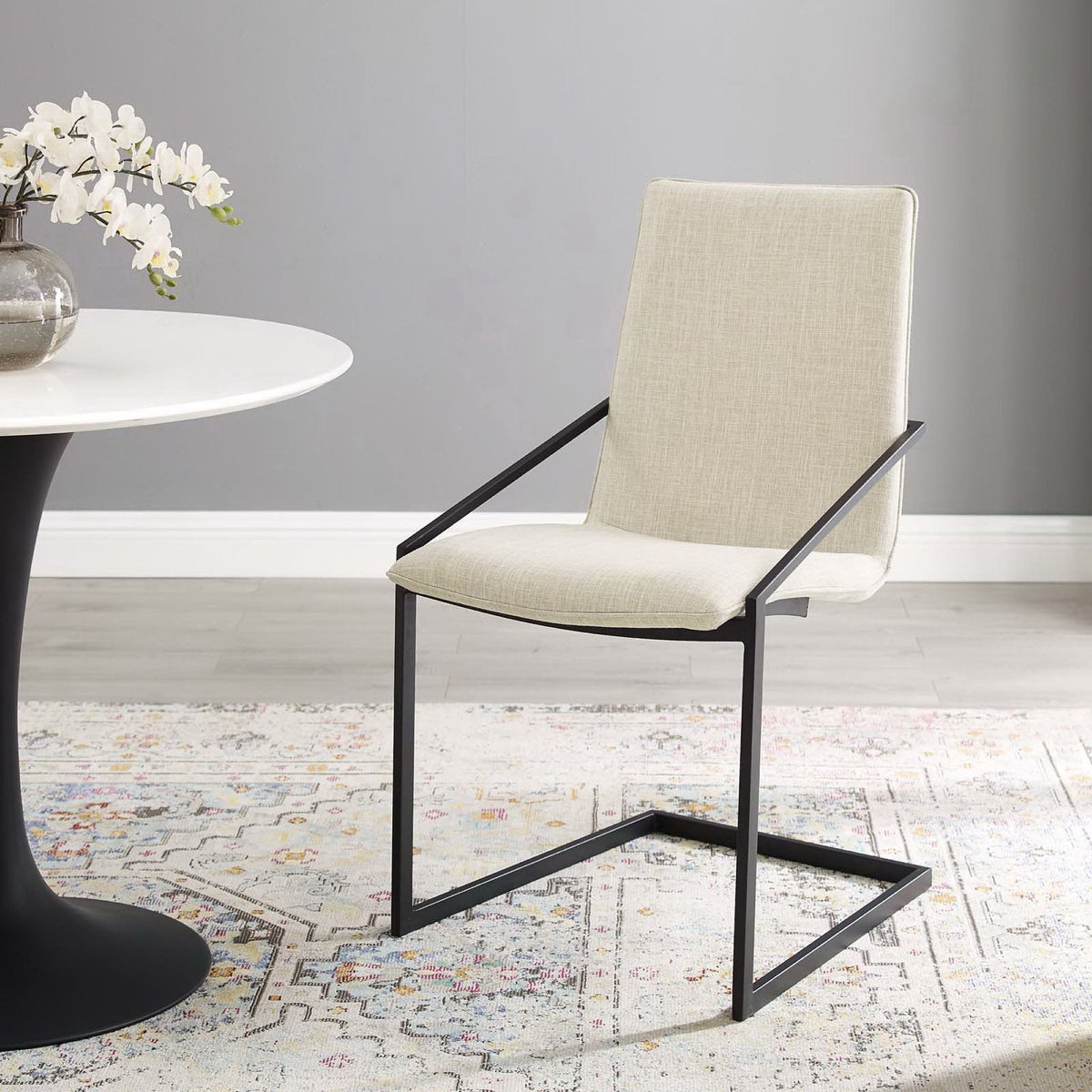 Pitch Upholstered Fabric Dining Armchair beige fabric with black metal frame by Modway on Tampa Home & Garden Store
