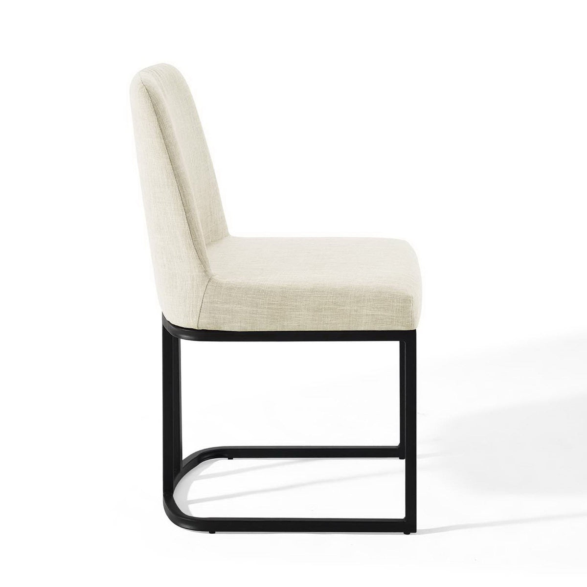 Amplify sled-base upholstered dining chair in beige fabric with black metal frame on Tampa Home & Garden Store