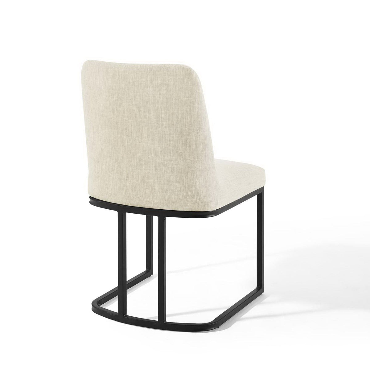 Beige upholstered dining side chair with a black sled base for modern kitchen dining on Tampa Home & Garden Store