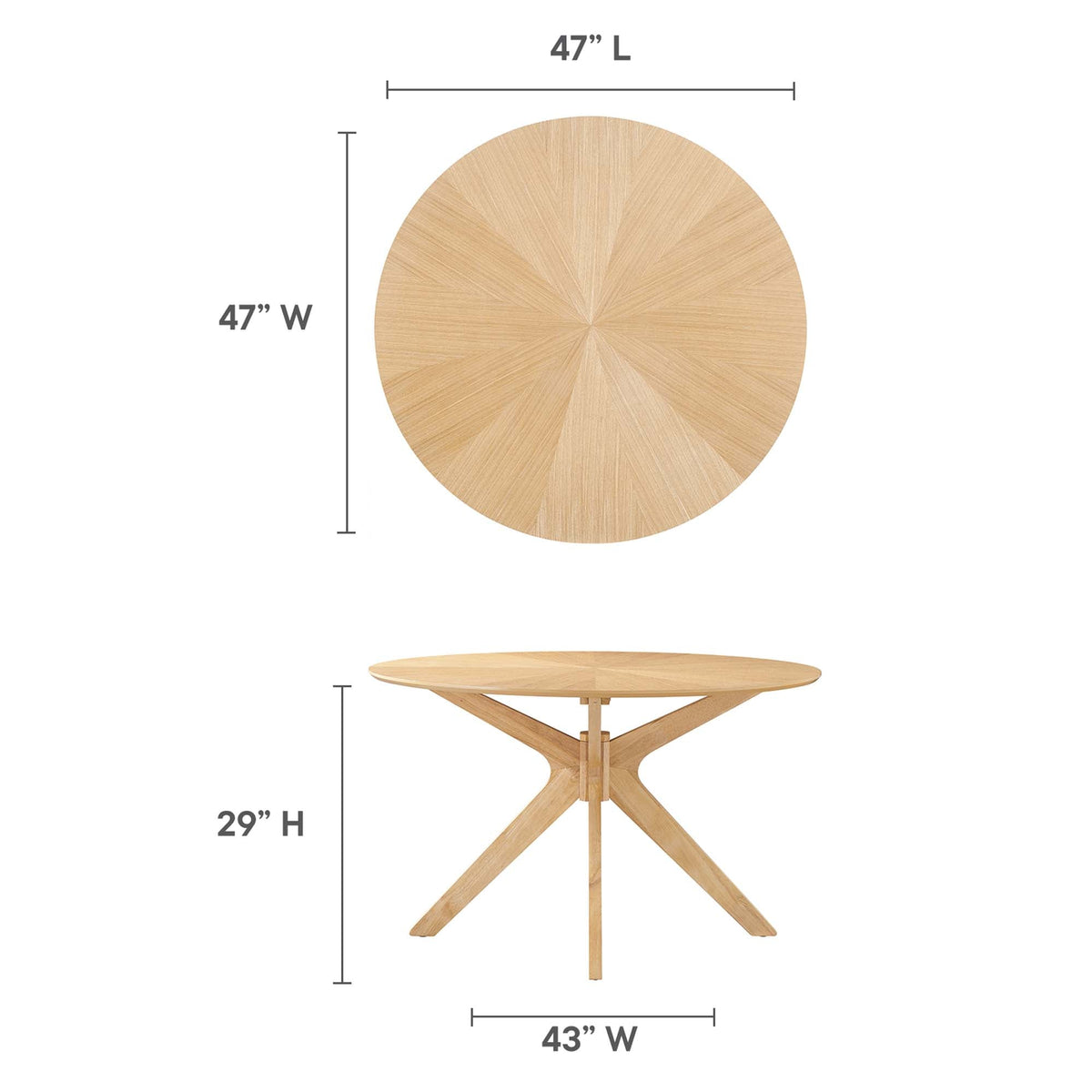Crossroads 47in round wood dining table with natural oak finish and crisscross pedestal base on Tampa Home & Garden Store