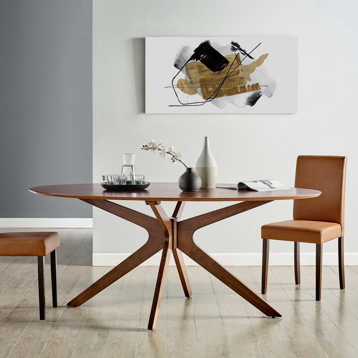 Crossroads 71in oval wood dining table by Modway, walnut finish with crisscross pedestal base on Tampa Home & Garden Store