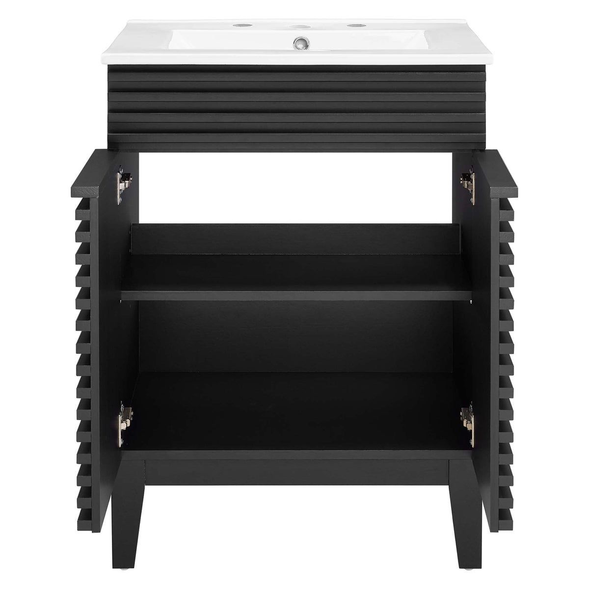 Render Bathroom Vanity by Modway, black slatted frame with white sink top and open shelf on Tampa Home & Garden Store