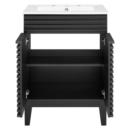Render Bathroom Vanity by Modway, black slatted frame with white sink top and open shelf on Tampa Home & Garden Store