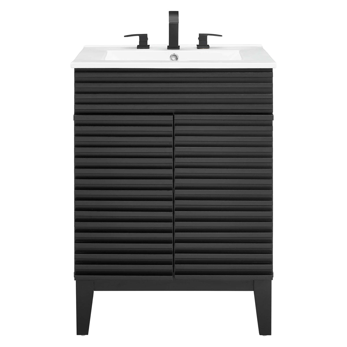 Render bathroom vanity by Modway, white sink on black slatted vanity with modern faucet on Tampa Home & Garden Store