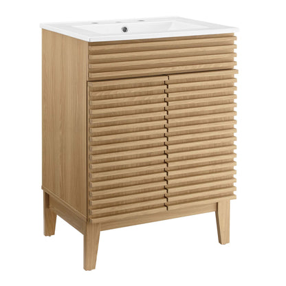 Render bathroom vanity by Modway, natural oak slatted cabinet, white countertop on Tampa Home & Garden Store