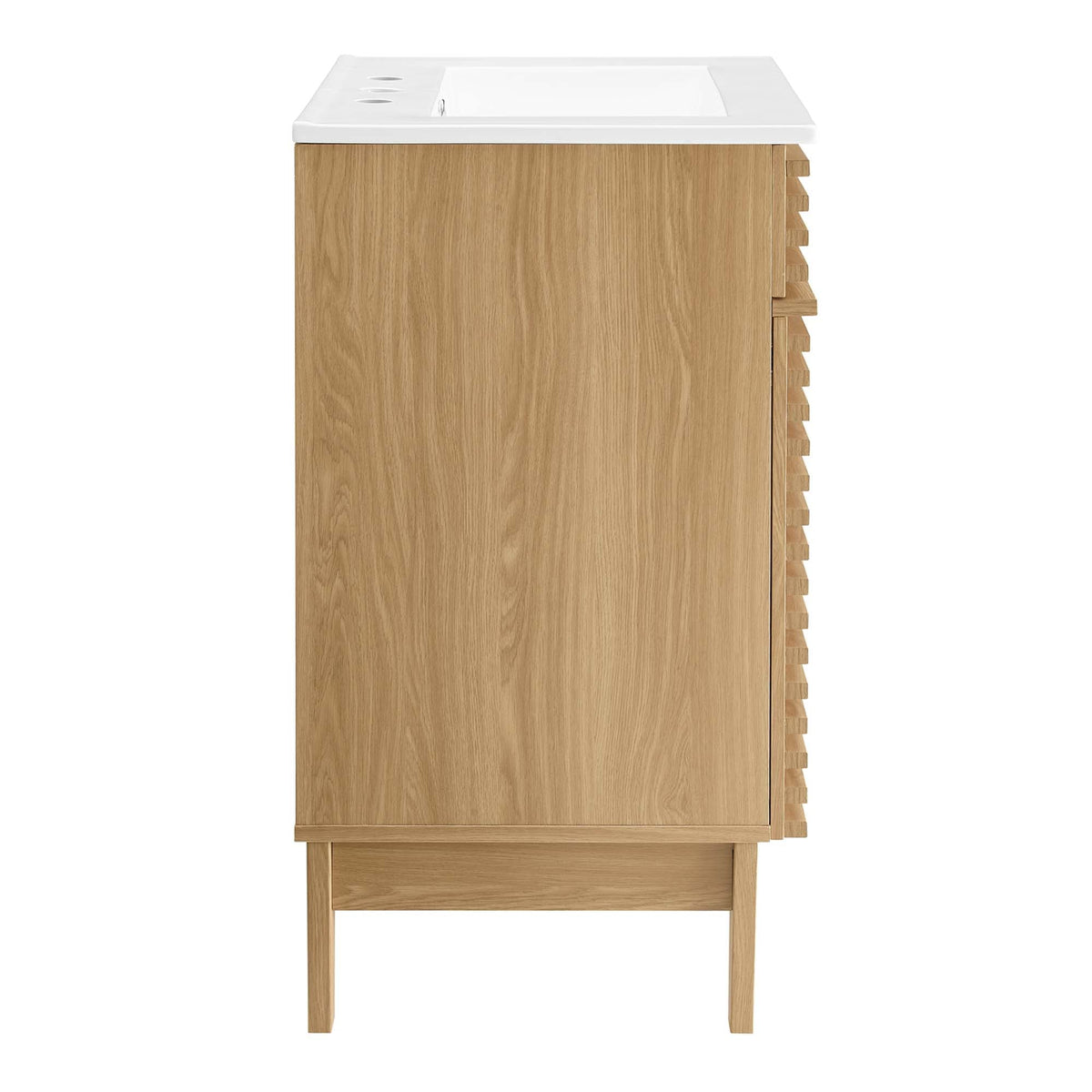 Render bathroom vanity by Modway in natural oak wood with white countertop and sink opening on Tampa Home & Garden Store