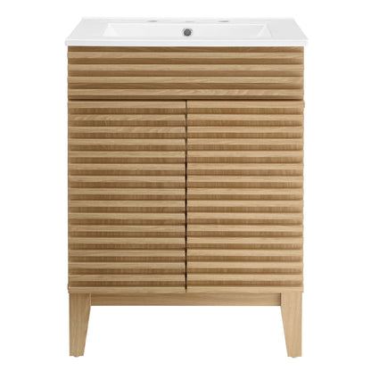 Render Bathroom Vanity by Modway with white countertop and integrated sink on oak slatted cabinet on Tampa Home & Garden Store