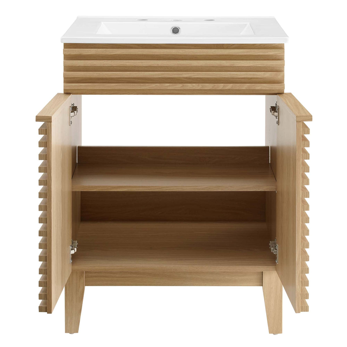 Render Bathroom Vanity by Modway, white countertop with natural oak slatted wood cabinet on Tampa Home & Garden Store