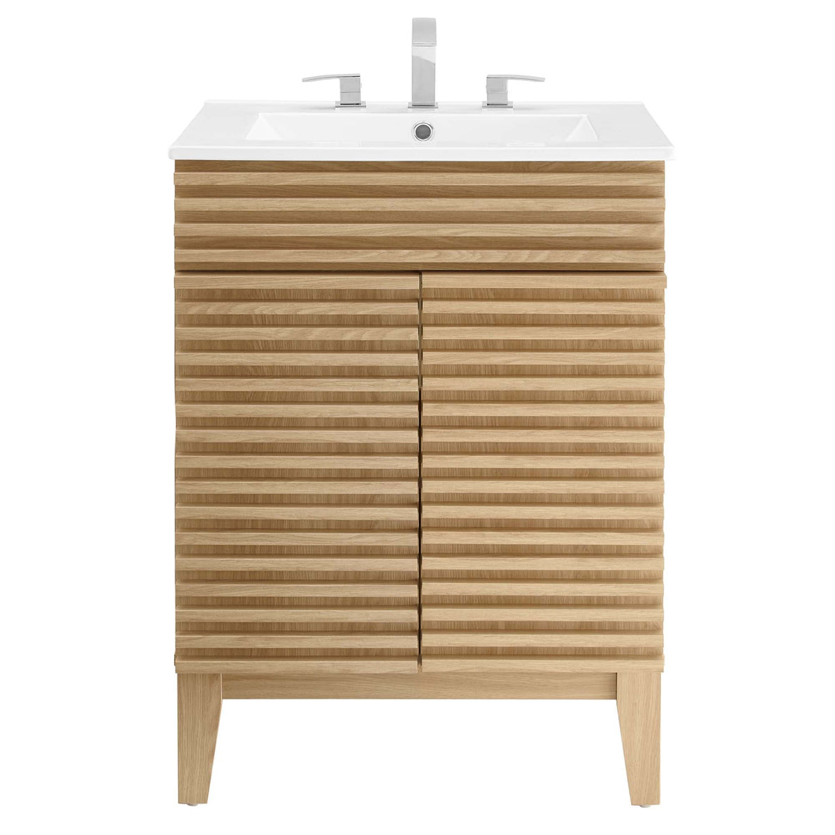 Render Bathroom Vanity by Modway, white sink with chrome faucets over natural oak slatted cabinet on Tampa Home & Garden Store