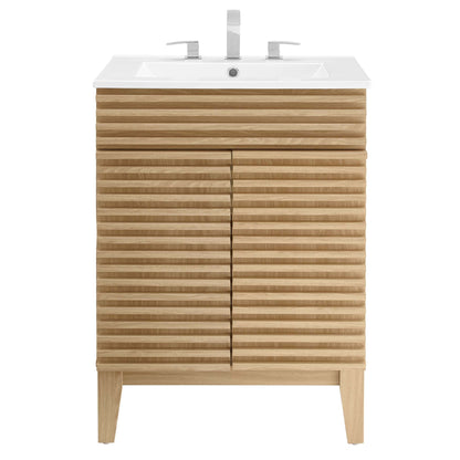 Render Bathroom Vanity by Modway, white sink with chrome faucets over natural oak slatted cabinet on Tampa Home & Garden Store