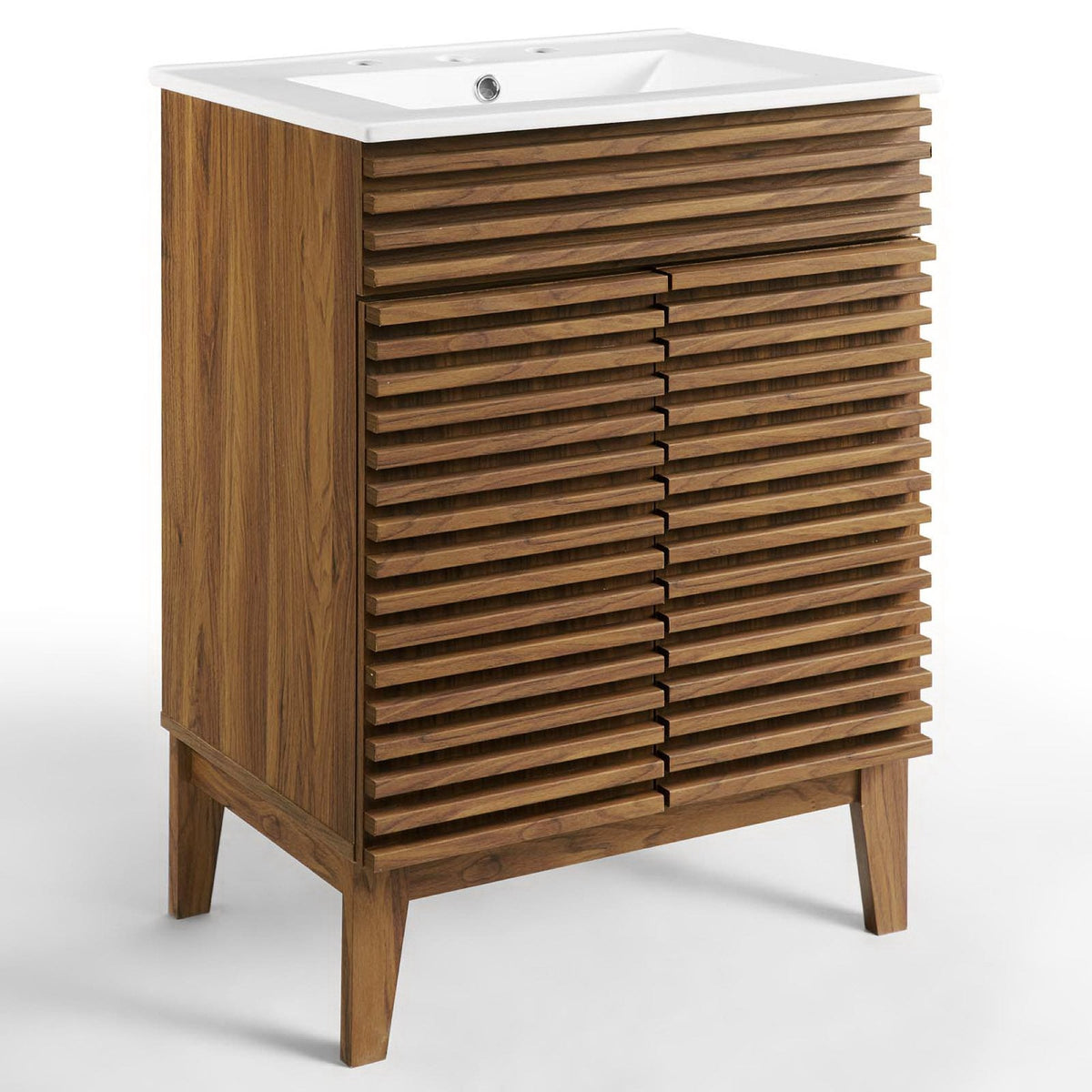 Render bathroom vanity with white countertop and slatted walnut cabinet, modern style on Tampa Home & Garden Store