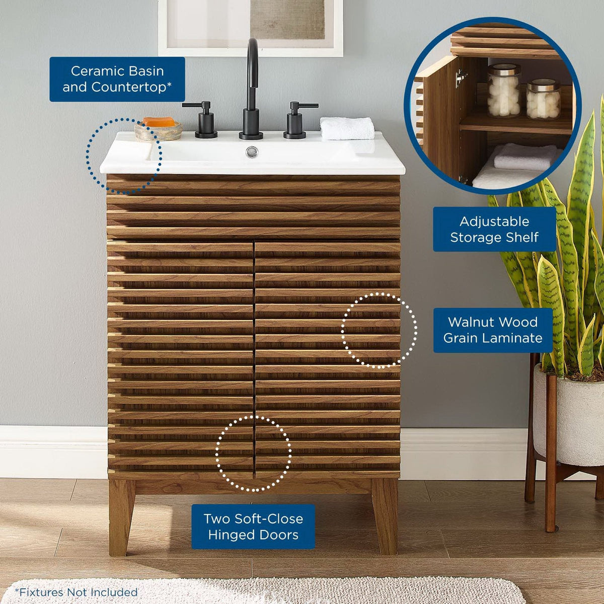 Render Bathroom Vanity by Modway with ceramic basin and walnut wood grain laminate cabinet on Tampa Home & Garden Store