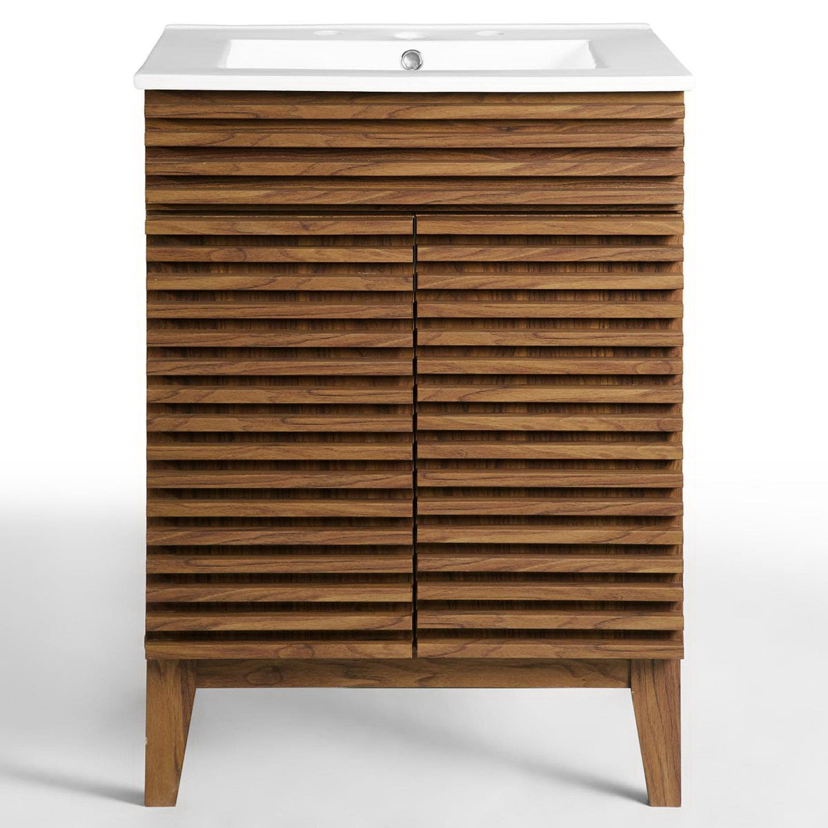 Render Bathroom Vanity by Modway white sink atop brown wood slatted cabinet on Tampa Home & Garden Store