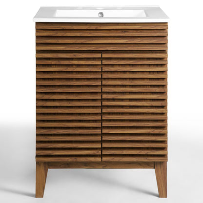 Render Bathroom Vanity by Modway white sink atop brown wood slatted cabinet on Tampa Home & Garden Store
