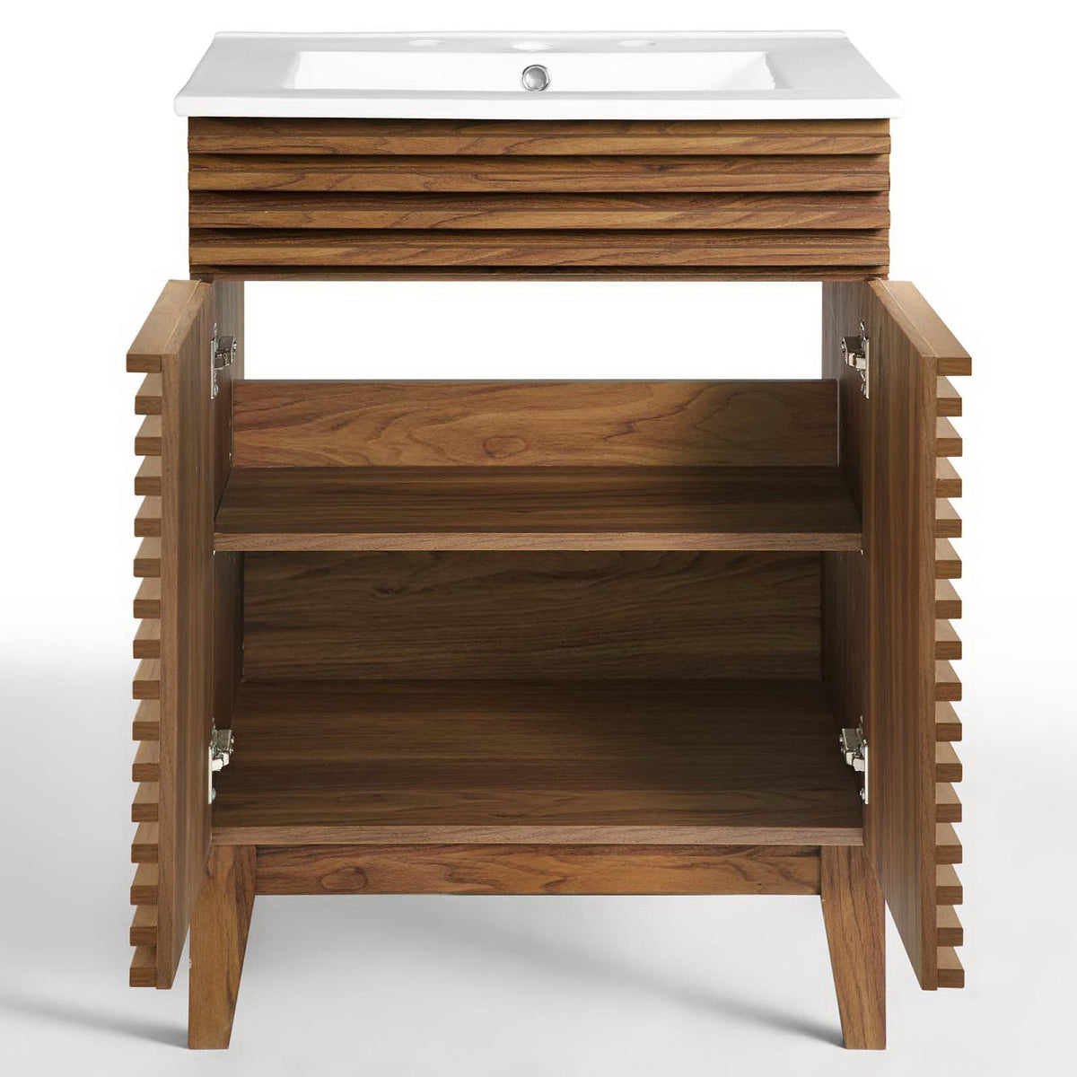 Render bathroom vanity by Modway with white sink atop a horizontal slat oak cabinet on Tampa Home & Garden Store