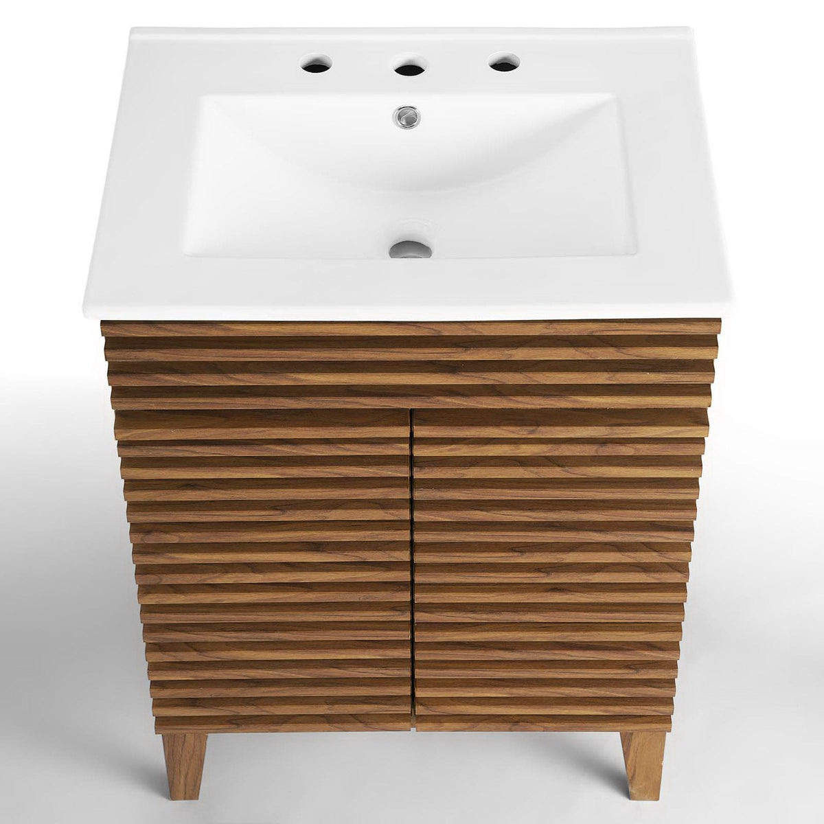 Render bathroom vanity by Modway with white sink and 3 faucet holes on wood slatted base on Tampa Home & Garden Store