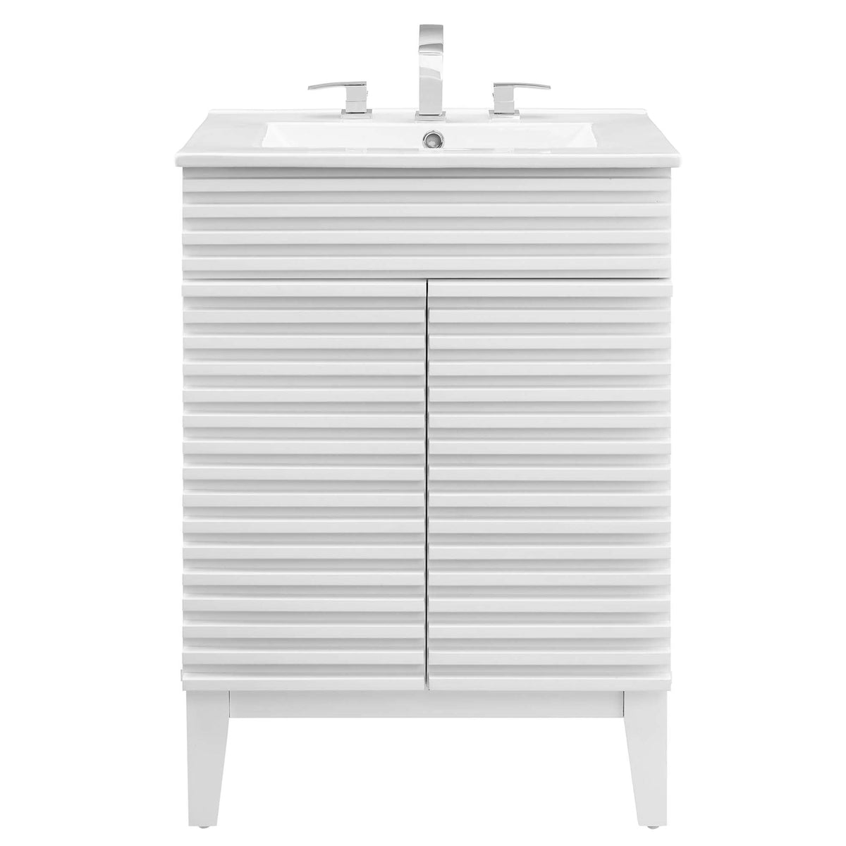 Render bathroom vanity by Modway, white glossy sink with chrome faucet and ribbed drawers on Tampa Home & Garden Store
