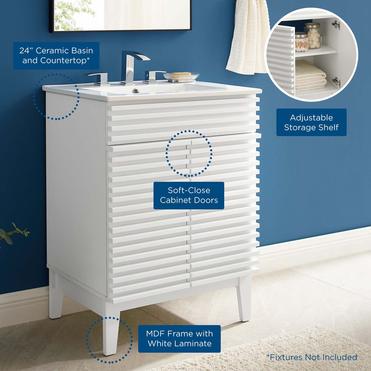 Render Bathroom Vanity by Modway white MDF frame with white laminate slatted drawers on Tampa Home & Garden Store