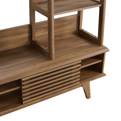 Render TV stand entertainment center in warm oak wood with slatted storage on Tampa Home & Garden Store
