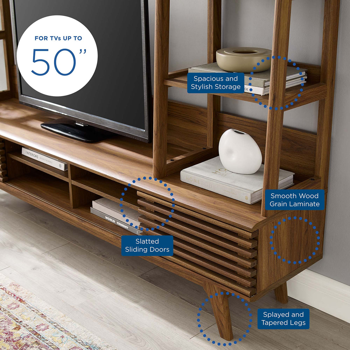 Render TV Stand Entertainment Center by Modway in warm wood with open shelves on Tampa Home & Garden Store