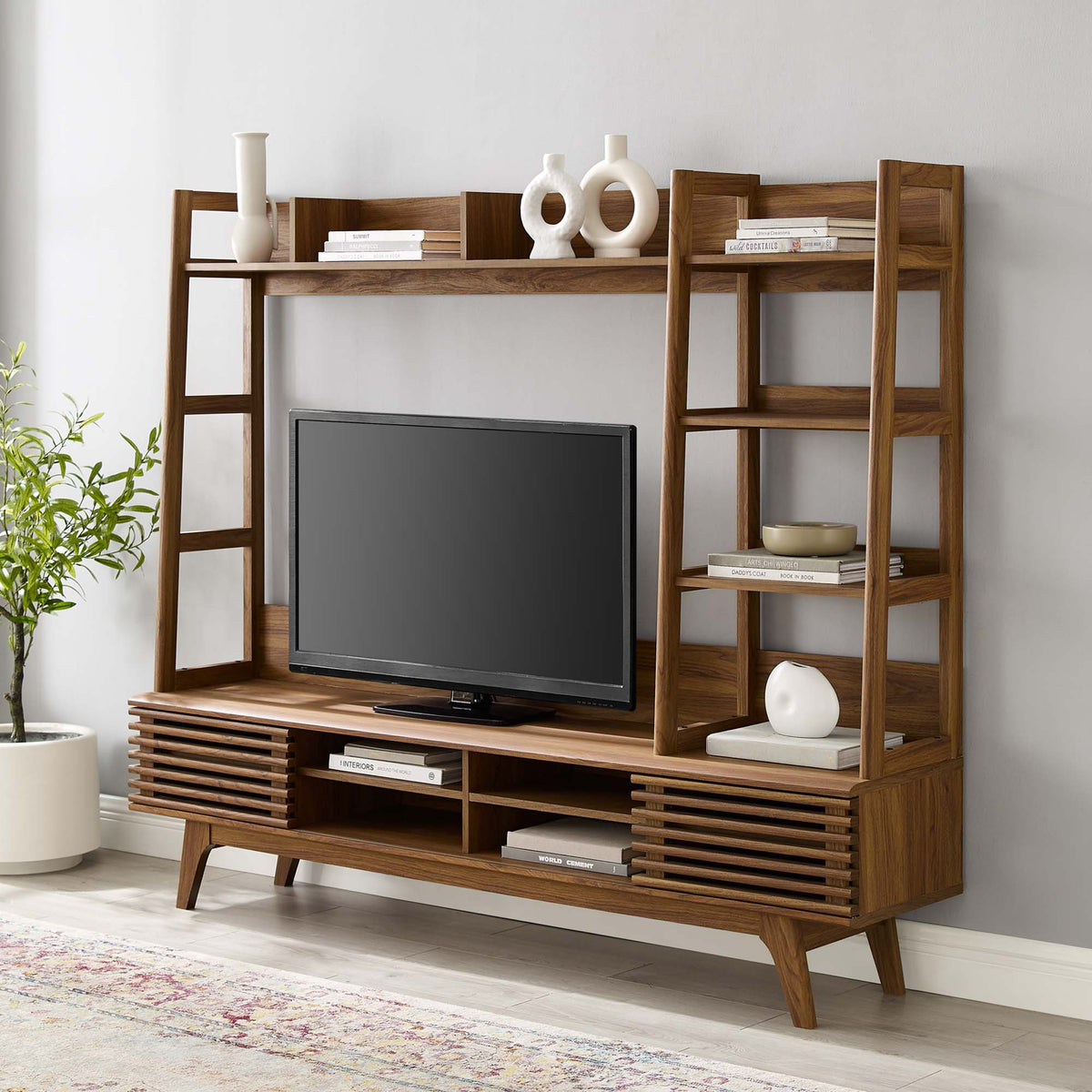 Render TV Stand Entertainment Center in walnut wood with open shelves for living room on Tampa Home & Garden Store