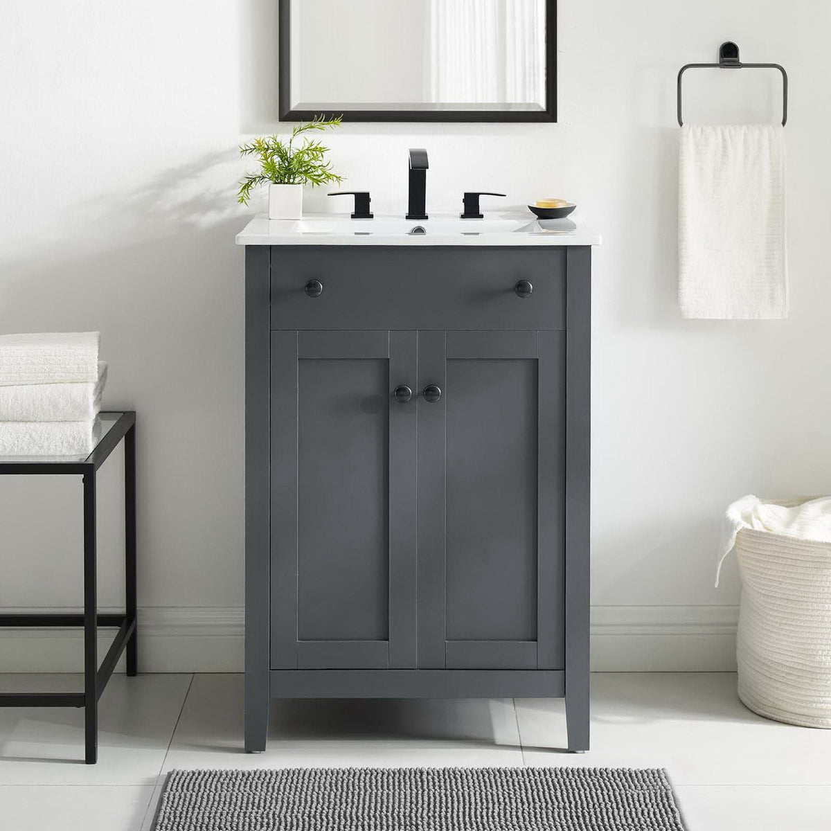 Nantucket 24in bathroom vanity by Modway dark gray with white countertop and black hardware on Tampa Home & Garden Store
