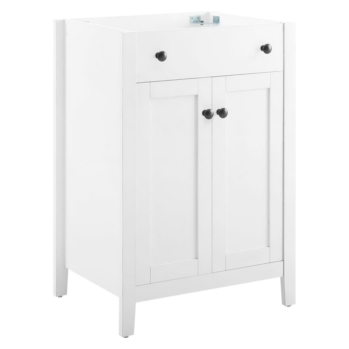 Nantucket 24in white bathroom vanity cabinet by Modway with top drawer and black knobs on Tampa Home & Garden Store