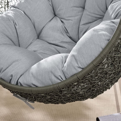 Hide Outdoor Patio Sunbrella Swing Chair With Stand, round wicker frame with gray cushions on Tampa Home & Garden Store