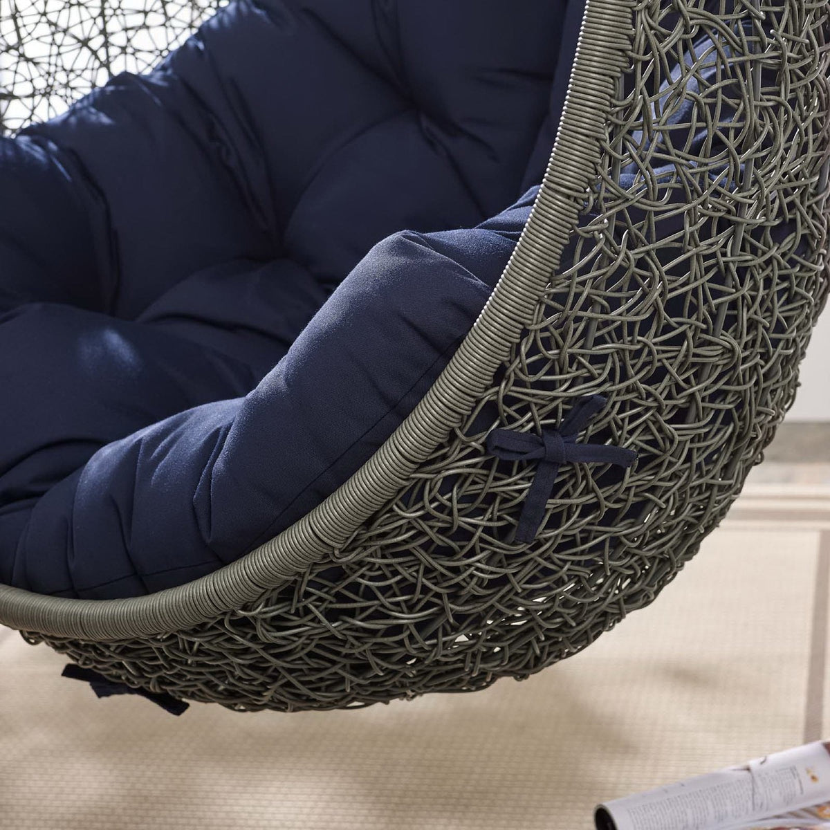 Sunbrella outdoor swing chair with stand, navy cushions, woven rattan frame by Modway on Tampa Home & Garden Store
