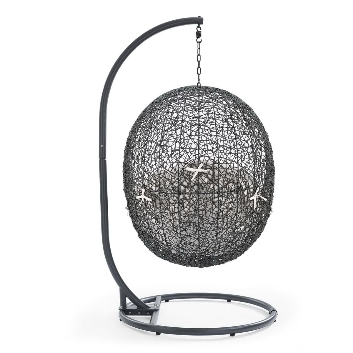 Hide Sunbrella Swing Chair With Stand in black woven wicker, curved metal frame on Tampa Home & Garden Store