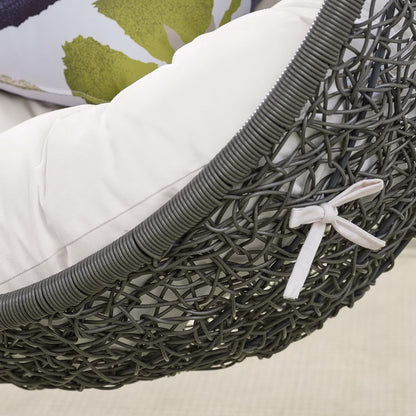 Sunbrella outdoor swing chair with stand; gray woven rattan frame and white cushions on Tampa Home & Garden Store