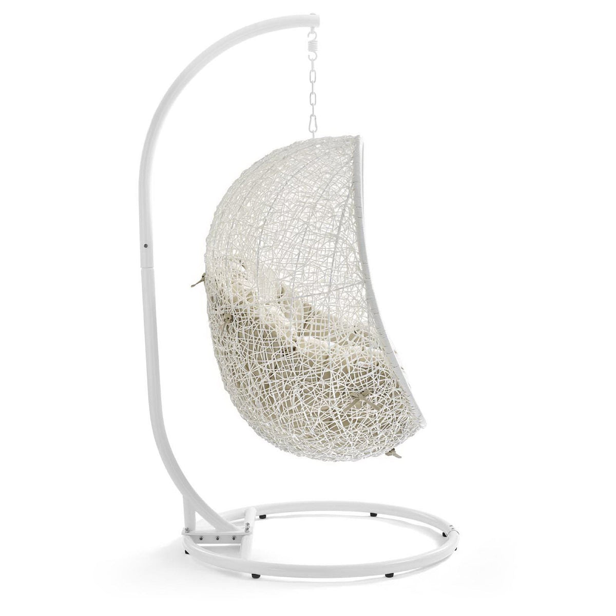 Sunbrella outdoor swing chair with stand, white woven rattan seat on curved white frame Modway on Tampa Home & Garden Store