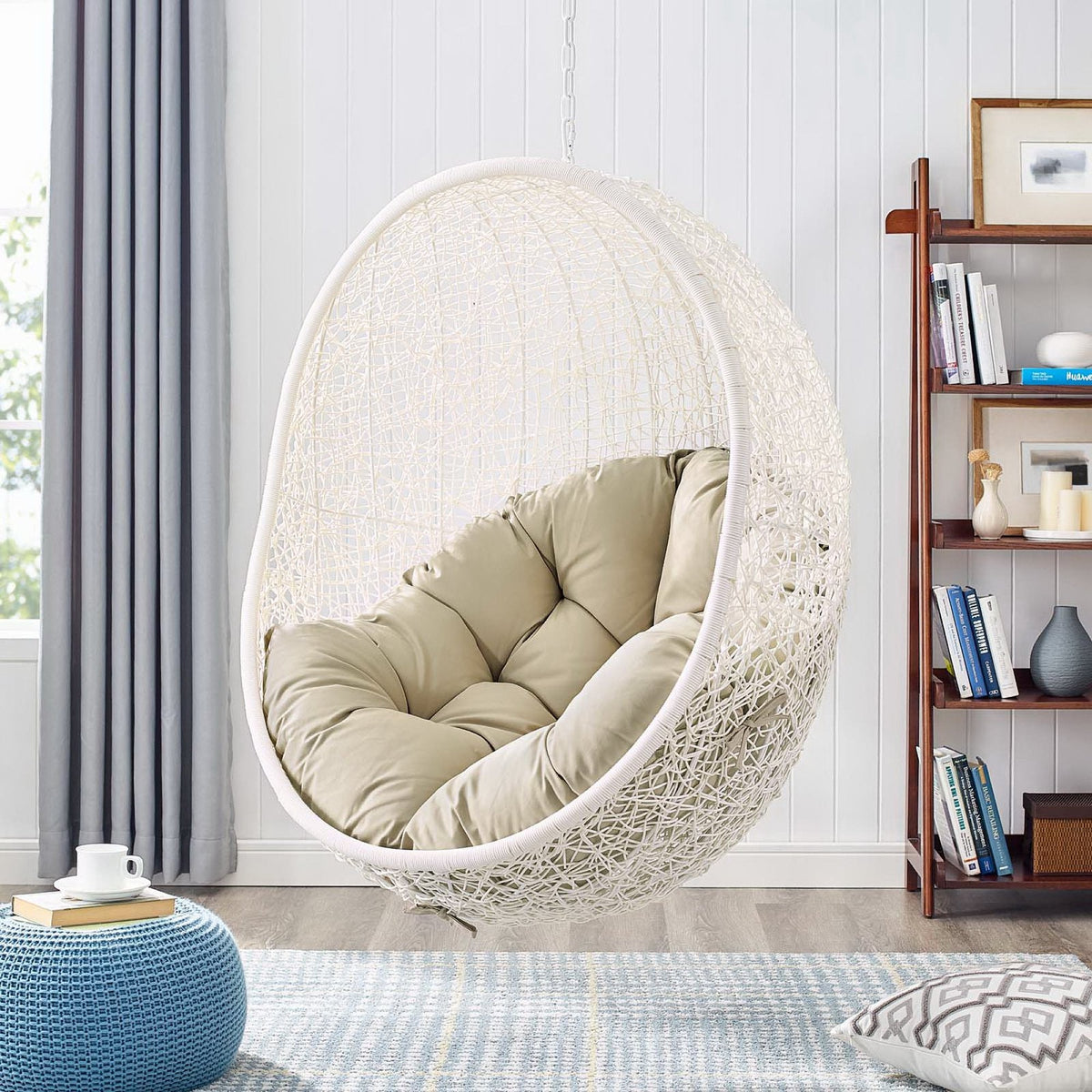 Hide Outdoor Patio Sunbrella Swing Chair with Stand white woven frame beige cushion on Tampa Home & Garden Store