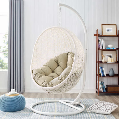 Sunbrella hanging swing chair with stand in white frame and beige cushions by Modway on Tampa Home & Garden Store