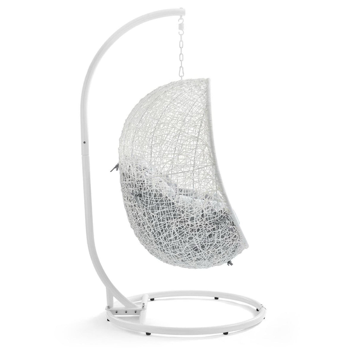 White outdoor Sunbrella swing chair with stand, circular base and woven lattice seating on Tampa Home & Garden Store