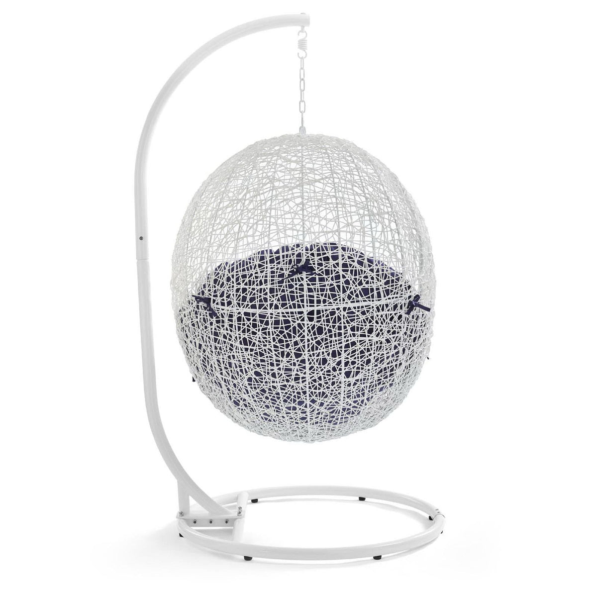 Sunbrella outdoor swing chair with stand in white rope weave and navy cushion on Tampa Home & Garden Store
