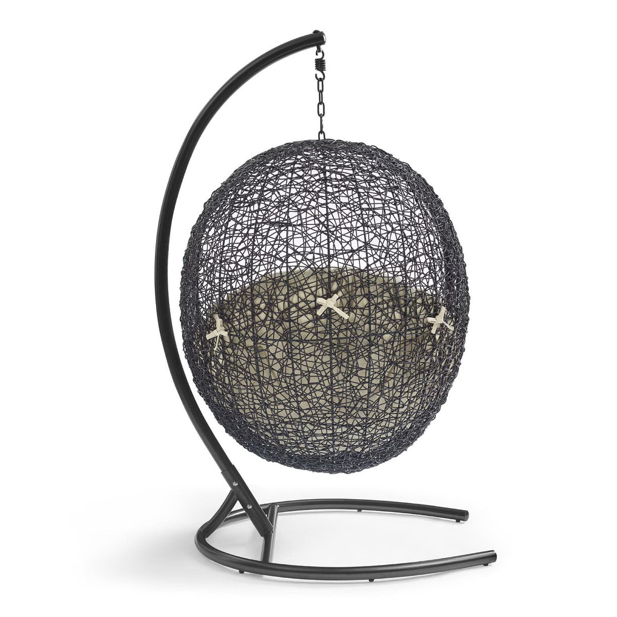 Encase Sunbrella Swing lounge chair, black woven sphere with cream cushion on curved stand on Tampa Home & Garden Store