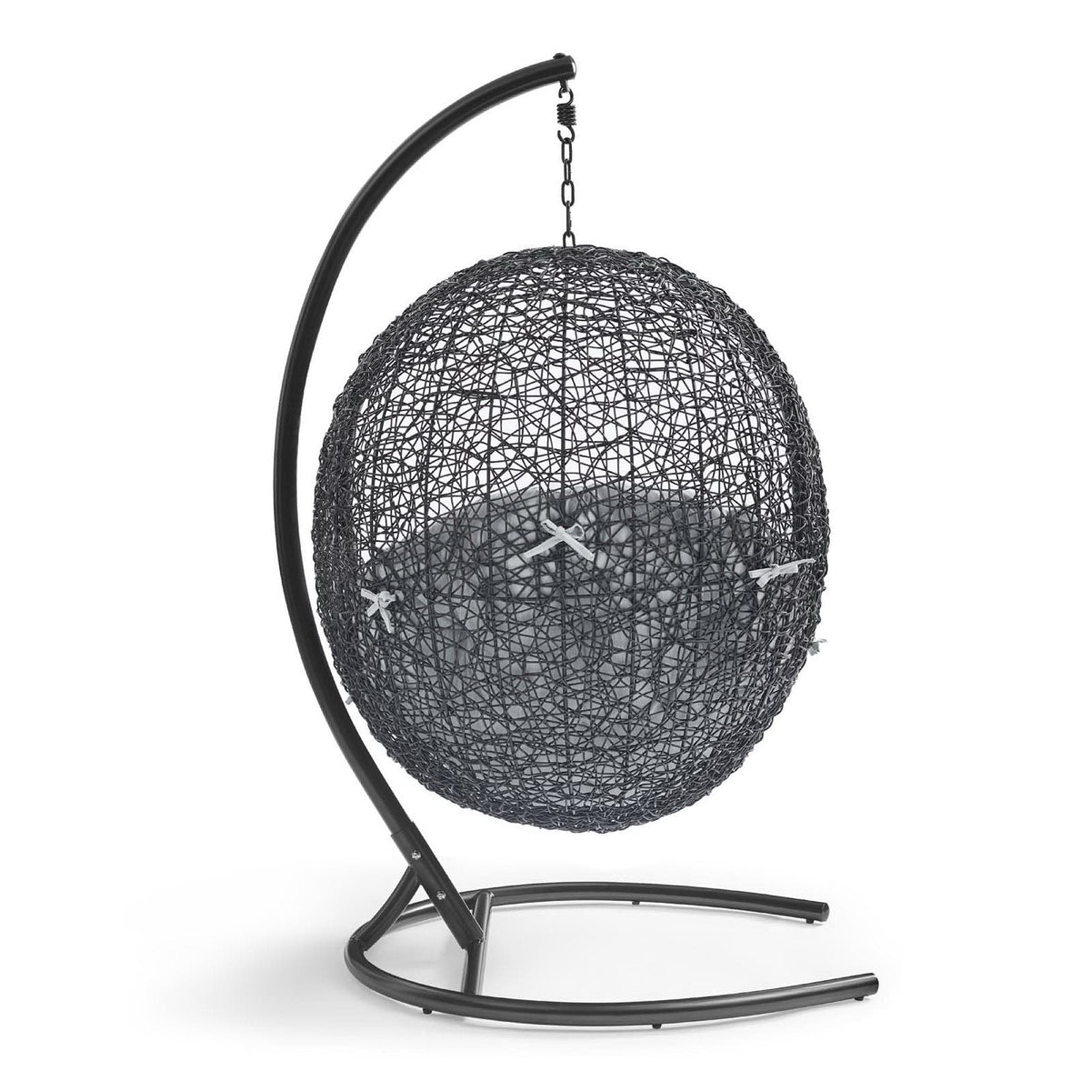 Encase Sunbrella Swing lounge chair in black woven sphere on curved stand with cushion on Tampa Home & Garden Store