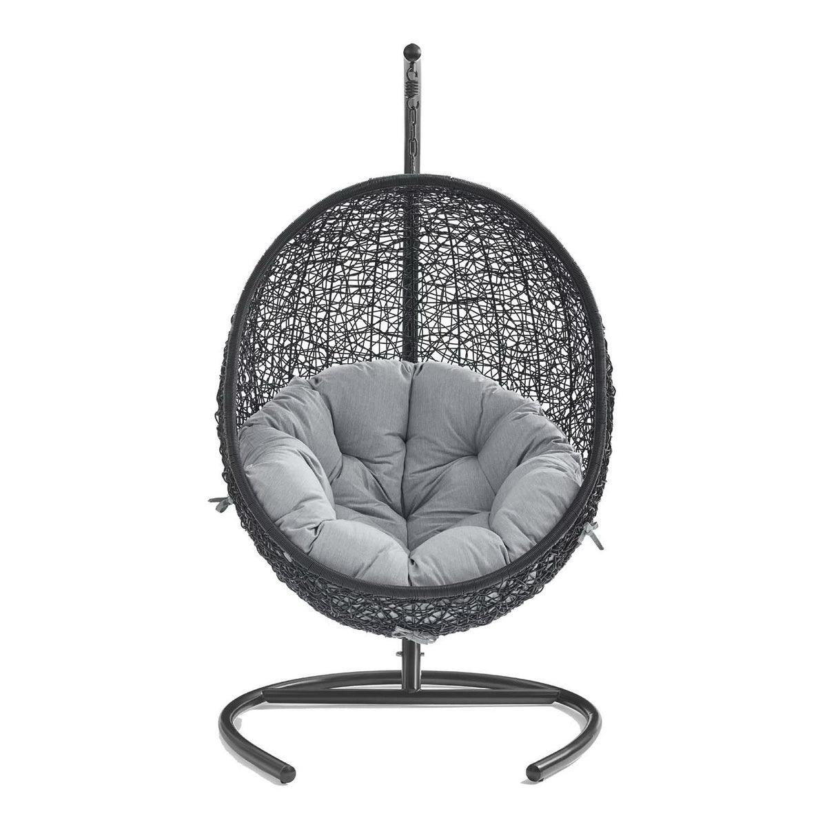 Encase Sunbrella Swing outdoor patio lounge chair, black woven rattan with grey cushion on Tampa Home & Garden Store