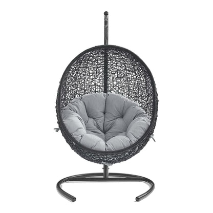 Encase Sunbrella Swing outdoor patio lounge chair, black woven rattan with grey cushion on Tampa Home & Garden Store