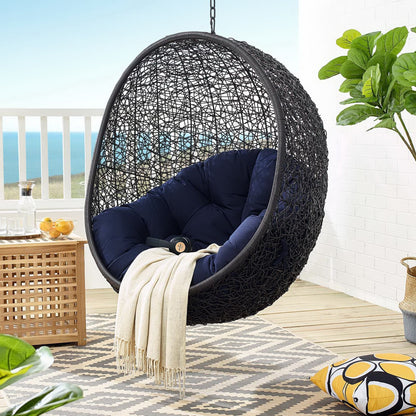 Encase Sunbrella Swing Outdoor Patio Lounge Chair in black woven rattan with navy cushions on Tampa Home & Garden Store