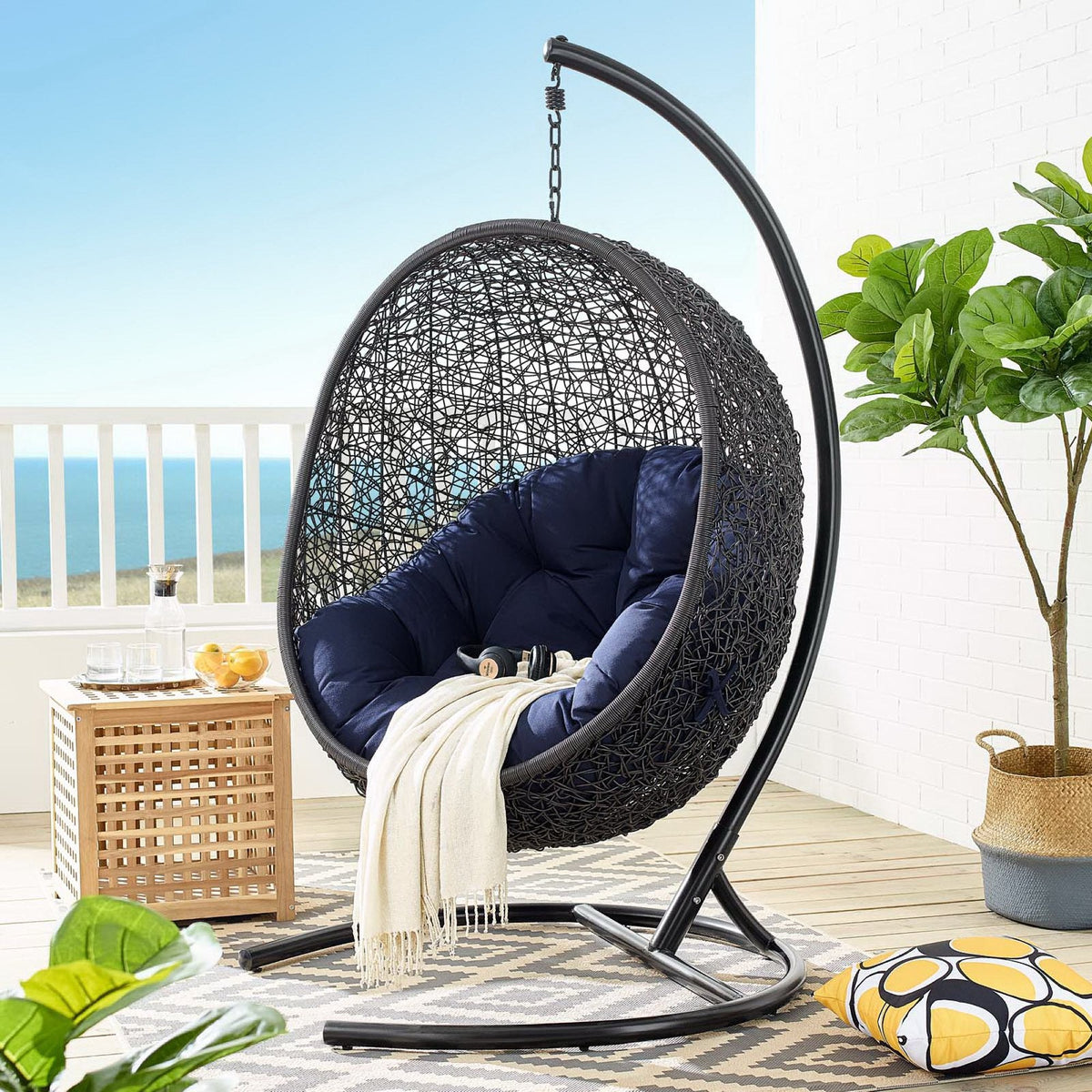 Hanging Rattan Swing Chair And Stand For Patio