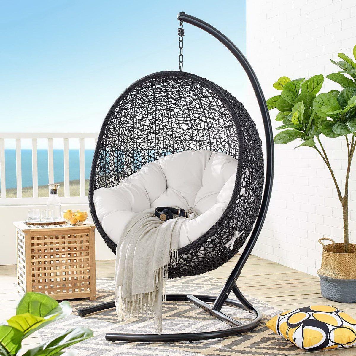 Hanging Rattan Swing Chair And Stand For Patio