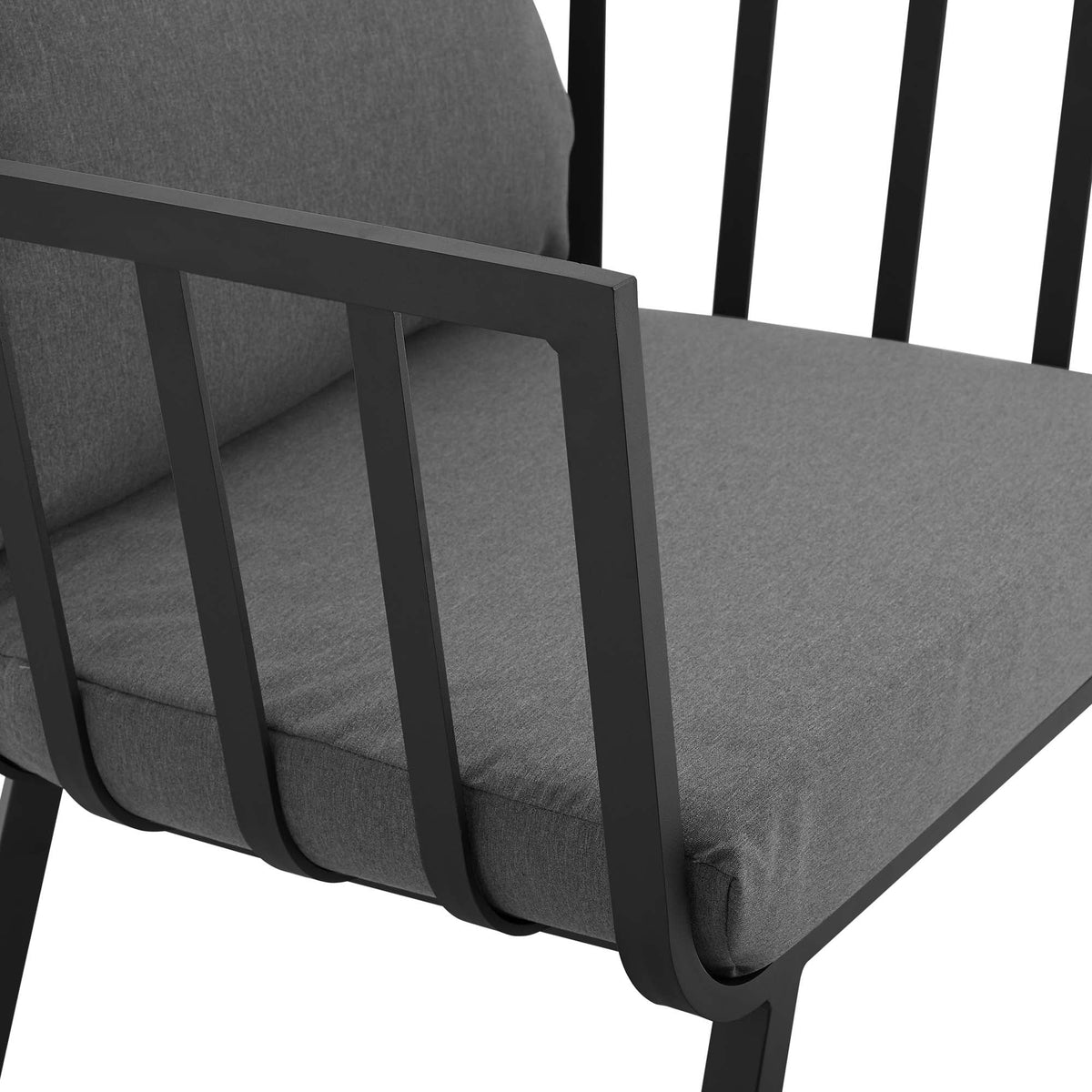 Set of 2 Riverside outdoor aluminum armchairs with dark gray cushions and black frames on Tampa Home & Garden Store
