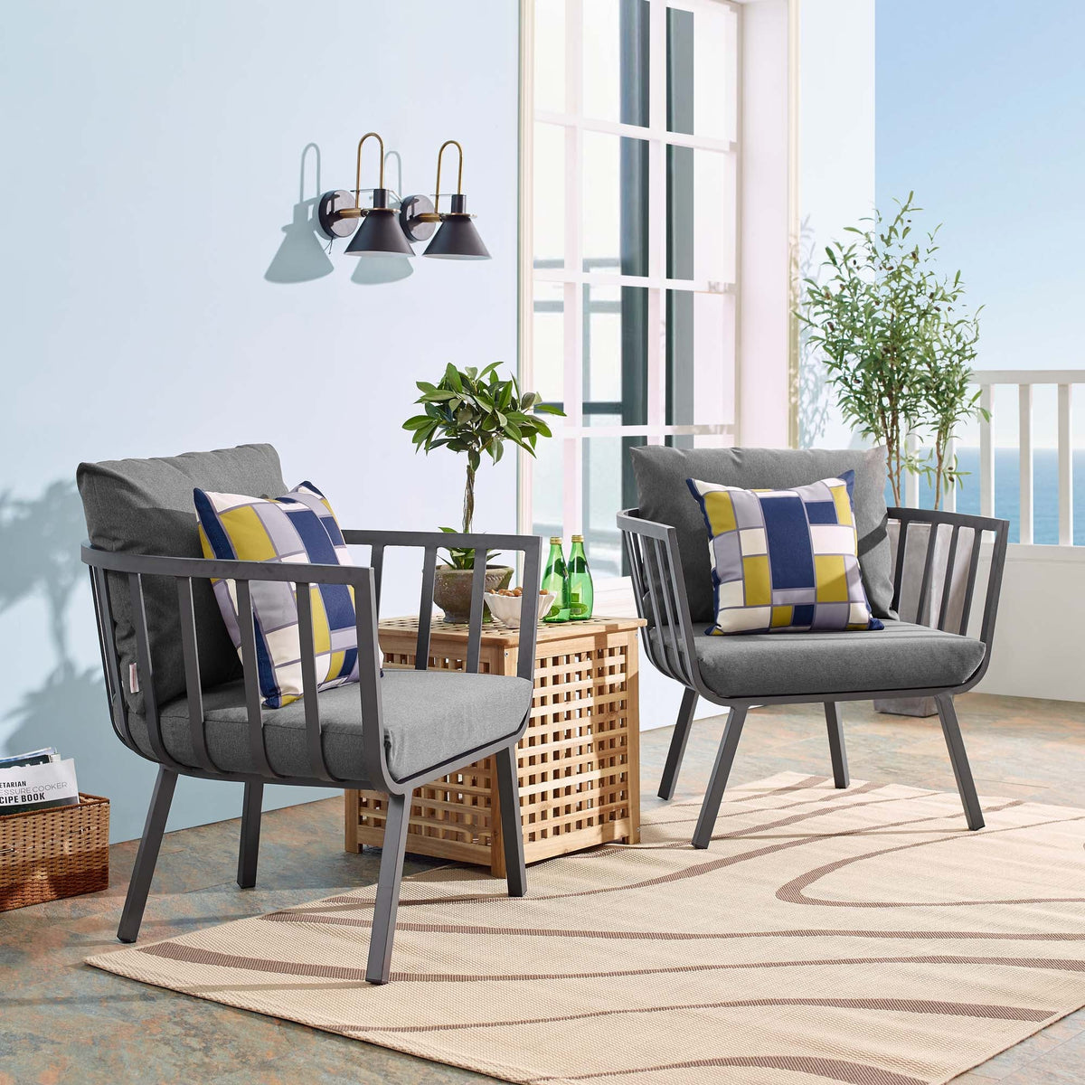 Riverside outdoor aluminum armchairs set of 2 with gray cushions and pillows on Tampa Home & Garden Store