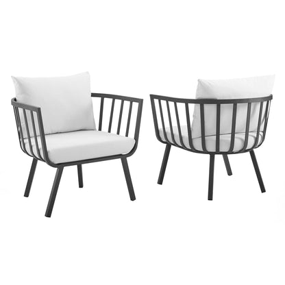 Riverside outdoor patio aluminum armchair set of 2 with black frames and white cushions on Tampa Home & Garden Store