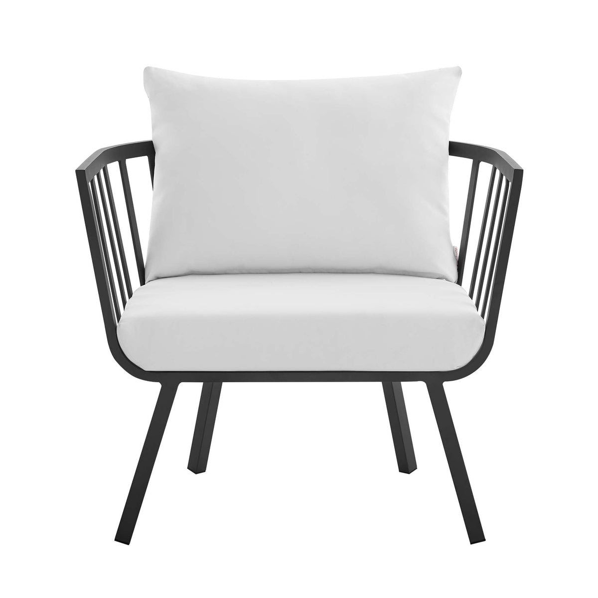 Riverside outdoor aluminum armchair set of 2 with white cushions and black frame on Tampa Home & Garden Store