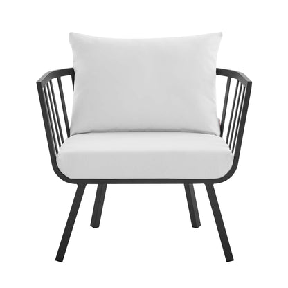 Riverside outdoor aluminum armchair set of 2 with white cushions and black frame on Tampa Home & Garden Store