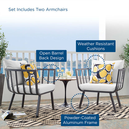Riverside Armchairs set of 2 with white cushions and yellow pillows on powder-coated frame on Tampa Home & Garden Store