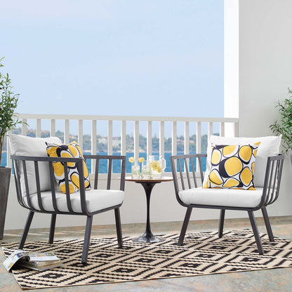 Riverside outdoor aluminum armchairs set of 2 with white cushions and yellow geometric pillows by Modway on balcony on Tampa Home & Garden Store
